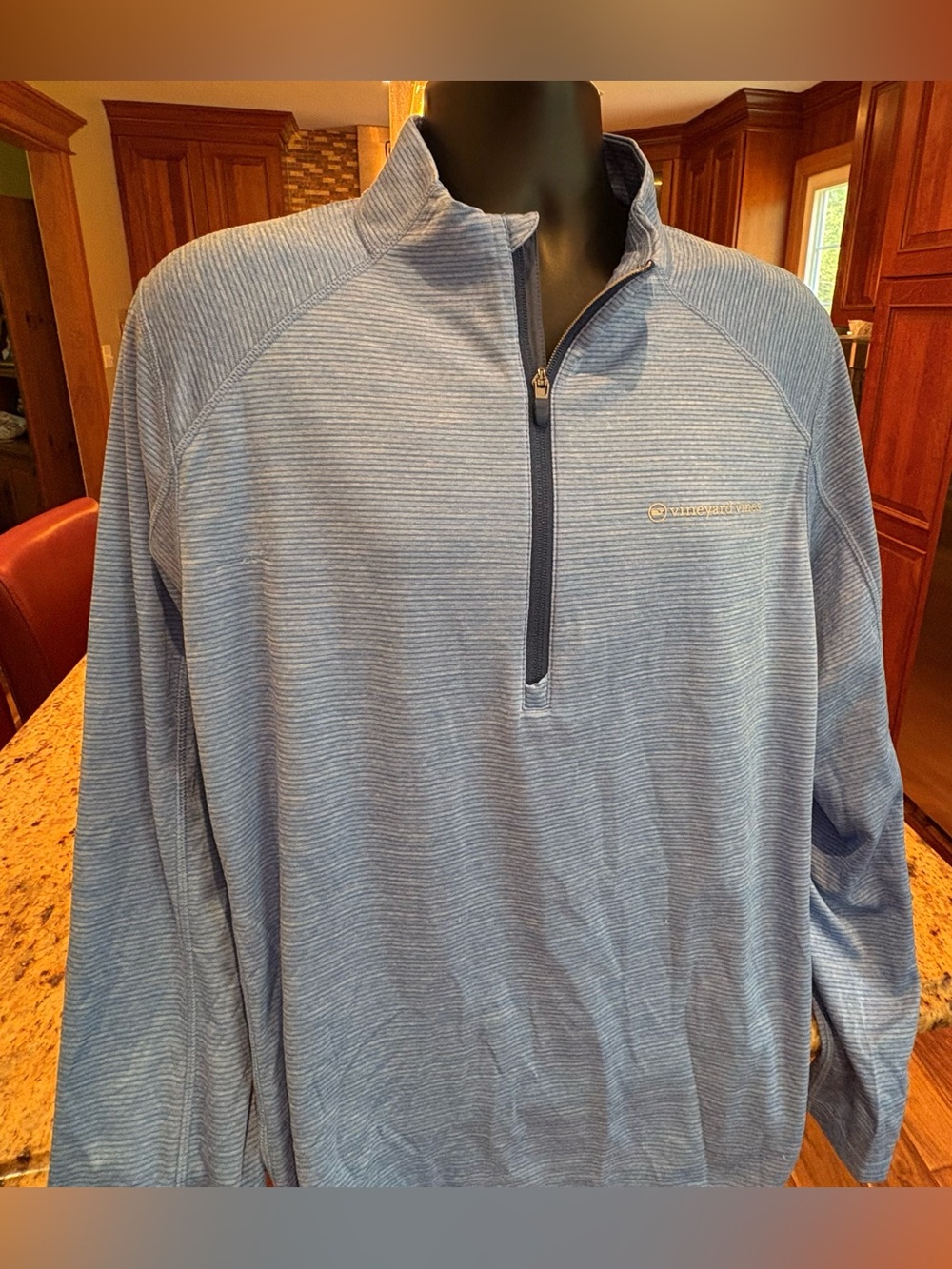 Vineyard Vines men’s performance quarter zip pullover. Sharp blue micro stripe